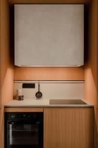 Modern kitchen with wooden cabinets and concrete backsplash.