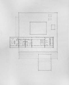 Detailed black and white line drawing of a modern industrial-style apartment floor plan.