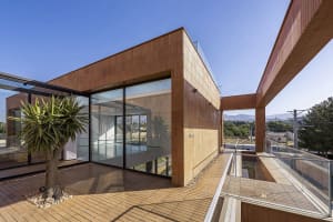 A modern residential building with a wooden pool and glass walls, featuring a terrace and a palm tree.