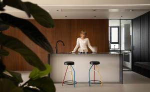 A modern, minimalist residential kitchen featuring a concrete countertop and wooden cabinetry.