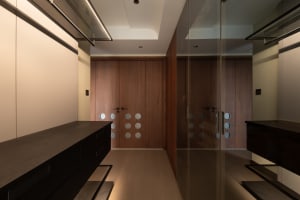 Modern, minimalist wardrobe space featuring dark wooden cabinets and glass doors with stainless steel accents.