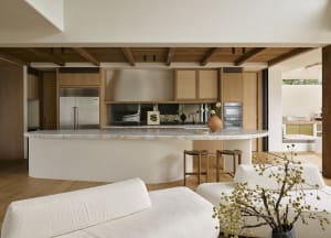 Modern minimalist kitchen featuring a curved marble countertop and wooden accents, with a lounge area and outdoor elements.