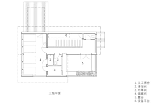 A technical drawing of a three-floor architectural layout with labeled rooms and spaces.