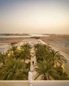 Concrete structures surrounded by palm trees during dusk.