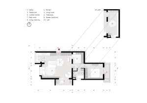 Modern minimalist architectural floor plan layout with detailed specifications and room numbers.