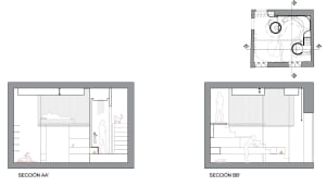 Interior design of a modern apartment with open-concept and use of wood and concrete.