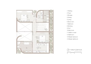 An architectural floor plan of a modern apartment with tiled floors, showing the layout of the rooms and spaces.