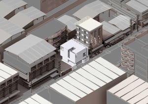 Urban architectural rendering showcasing mixed materials and urban planning concepts.