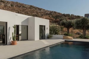 A minimalist villa featuring a concrete exterior with a pool and surrounding vegetation.