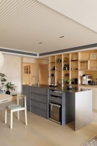 Modern residential kitchen featuring a large island with wooden cabinets, stainless steel appliances, and a sink.