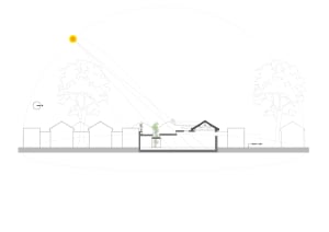 A detailed 2D architectural drawing of a proposed house extension, including structural elements, windows, and doors.