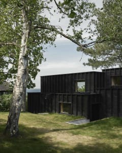Modern exterior of a black wooden cabin with large windows and a grassy lawn.
