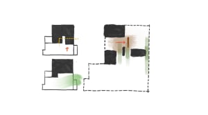 2D architectural plan with black and green shapes representing floors and a red dashed line indicating movement.