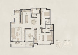 A minimalist apartment layout plan showing rooms and furniture arrangements.