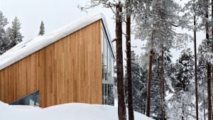 Modern winter cabin with wooden exterior and large glass windows amidst snowy trees
