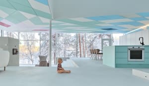 Modern, minimalist interior design featuring a white floor and blue geometric ceiling tiles.
