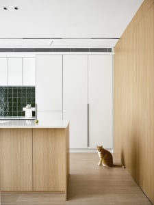 A minimalist kitchen with white cabinets and wooden accents featuring a wooden floor and a white countertop with a green appl