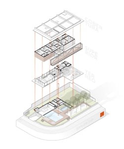 A 3D architectural rendering showcasing a modern residential plan featuring extensive use of concrete materials.