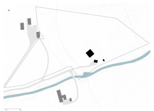 A technical drawing with topographic lines and structures showing a site layout.