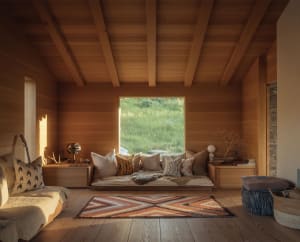 A cozy, modern residential interior with wooden walls, floors, and ceiling beams, featuring a couch with colorful cushions an