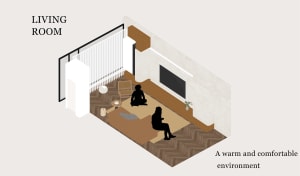 A minimalistic and modern living room with two people sitting on a wooden floor, wooden furniture, and a carpet.