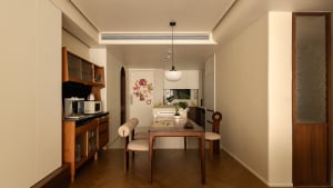A contemporary residential interior featuring minimalist design principles with modern materials and furniture.