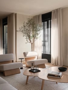 Modern living room with neutral tones, minimalist furniture, and a small potted plant.