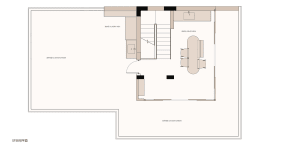 3D-rendered architectural floor plan indicating a laundry area, leisure area, and outdoor garden.