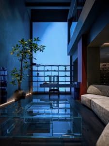 Modern living room with glass coffee table, wooden sofa, and tall potted plant.