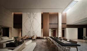Modern living room with marble and concrete finishes, featuring wooden accents and minimalist design.