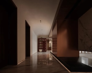 Modern minimalist entrance hallway with marble flooring and red wooden accents, featuring a potted plant and elegant lighting