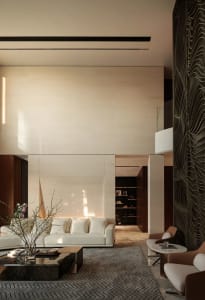 An image depicting a modern living room with concrete textures and a minimalist design.