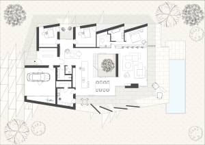 Floor plan of a modern house featuring an outdoor area and a garage.
