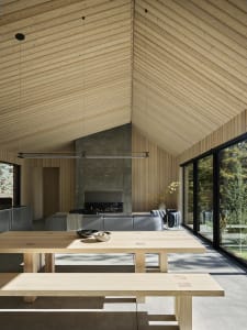 A modern living room with wooden walls, a concrete fireplace, and large windows.