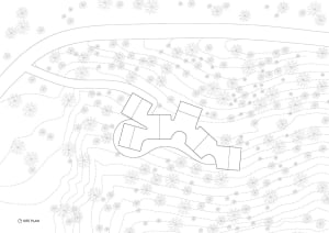 A black and white architectural site plan with floral patterns on a hillside.