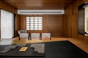 Modern living room with wooden walls, chairs, and a black rug with gray samples.