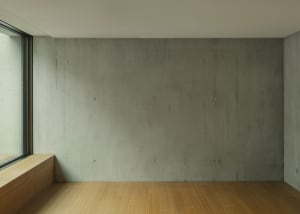Minimalist interior space with concrete walls and wooden floor.
