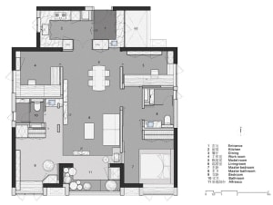 Minimalist apartment floor plan with modern design elements and open-concept layout.