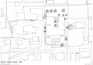 Villa BEC designed by Andrea Pelati Architecte, showing a detailed architectural site plan at a scale of 1:500.