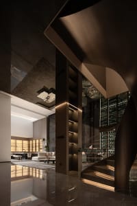 A modern interior design featuring metallic elements and a sophisticated, dark color palette.