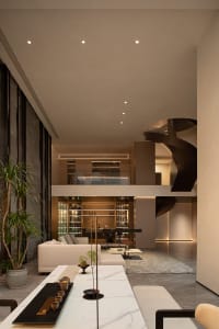 Modern minimalist living room featuring a bar area with marble and concrete elements