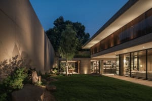 A modern residential exterior with concrete walls, a grassy courtyard, and a tree.