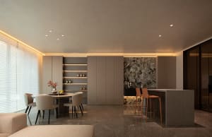 High-quality photograph of a modern residential kitchen featuring stone countertops and wood cabinets.
