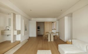 Modern minimalist apartment interior featuring wood and concrete elements