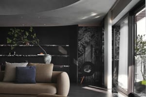 A modern living room featuring dark wood and marble elements.