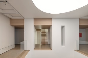 Modern interior design with glass, wood, and metal