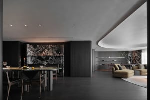 Modern living room with marble accents.
