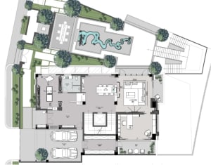Modern residential floor plan featuring a concrete material and a contemporary open design with multiple functional zones.
