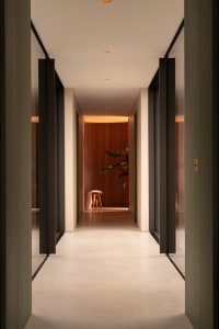 View of a minimalist corridor with white concrete walls, dark columns, and wooden paneling.