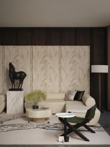 A modern living room featuring a white leather sofa, marble coffee table, and dark wood accents. A black horse sculpture stan